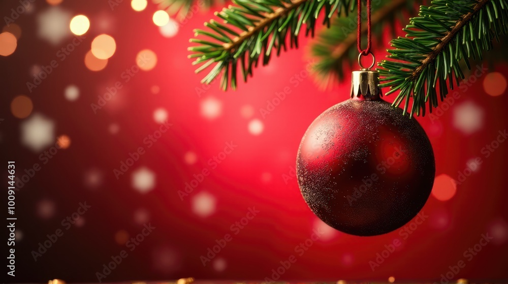 Christmas or New Year red balls toys on fir branches on red festive background with lights bokeh with copy space Christmas or New Year red balls toys on fir branches on red festive background with lights bokeh with copy space