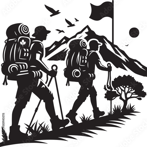 mountaineer climber hiker people, vector silhouette collection. Hiker Silhouettes. hiking man with rucksacks silhouette.
