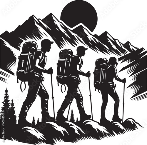 mountaineer climber hiker people, vector silhouette collection. Hiker Silhouettes. hiking man with rucksacks silhouette.