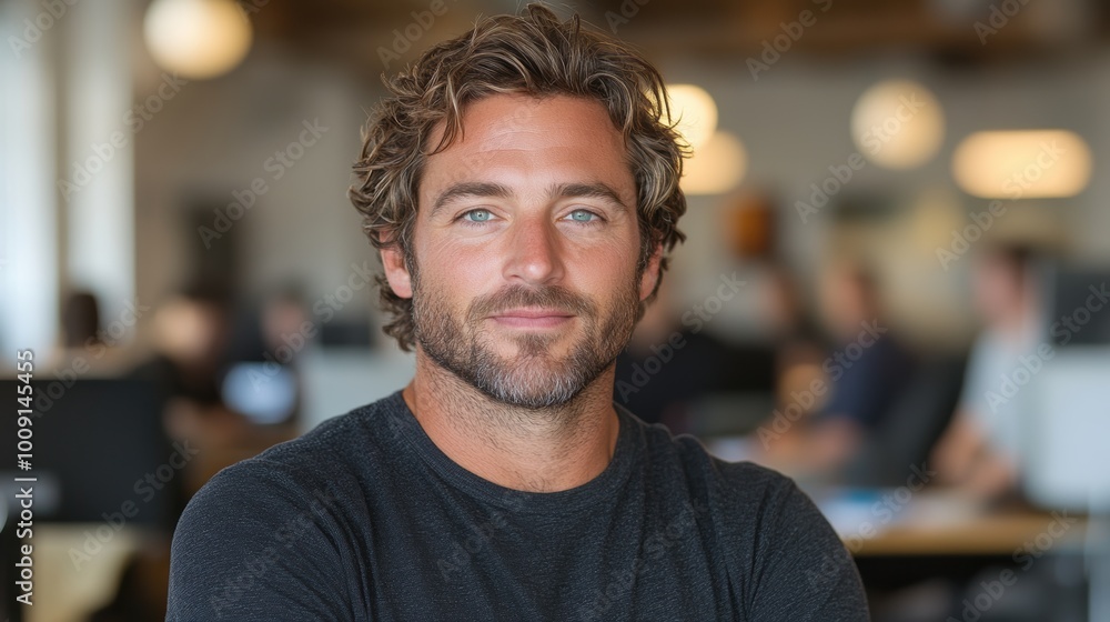 Young man with distinguished features and casual attire striking a confident pose in an open-plan modern office environment with blurred background Young man with distinguished features and casual attire striking a confident pose in an open-plan modern office environment with blurred background