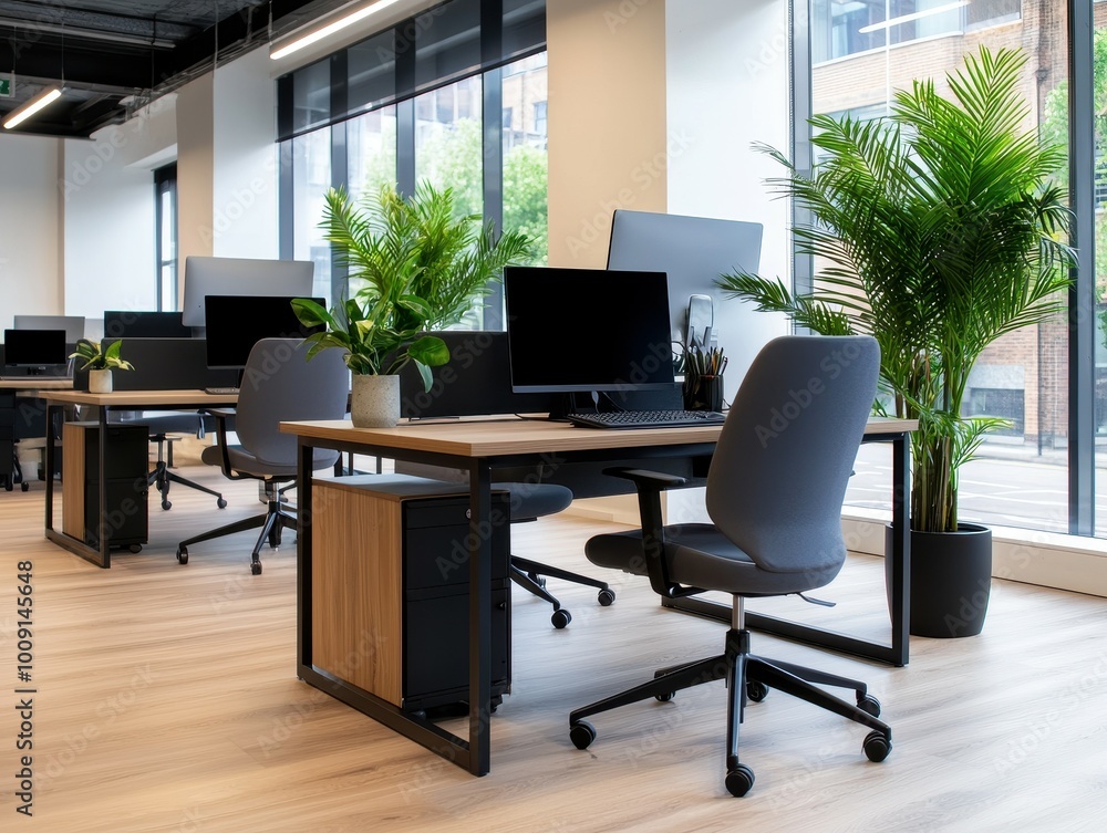 Modern office workspace with sleek desks and chairs. Modern office workspace with sleek desks and chairs.