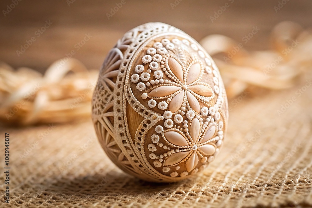 Easter egg decoration with beige ornament in soft focus Easter egg decoration with beige ornament in soft focus