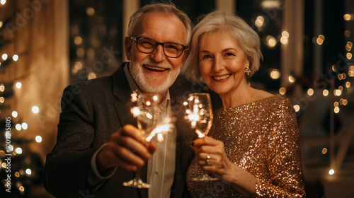 Obraz na płótnie Joyful Couple Toasting With Sparkling Glasses at a Cozy New Year's Eve Celebration Surrounded by Festive Decorations w salonie