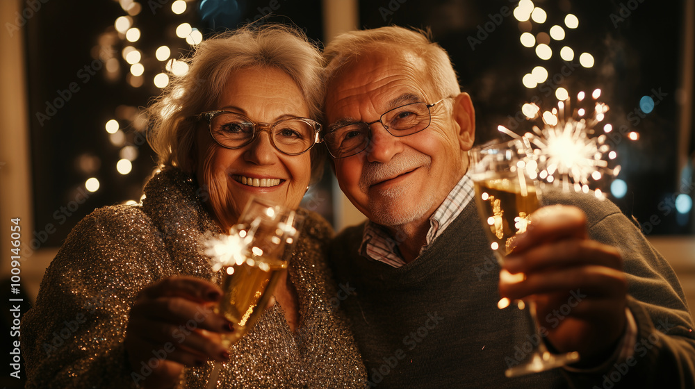 A Joyful Couple Celebrating New Year’s Eve at Home With Sparklers and Champagne, Embracing the Festive Spirit of a New Beginning