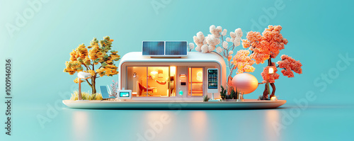 Compact futuristic house with a modern aesthetic, solar panels, and smart automation systems photo