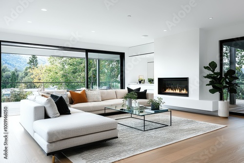 Modern living room with a fireplace and large windows.
