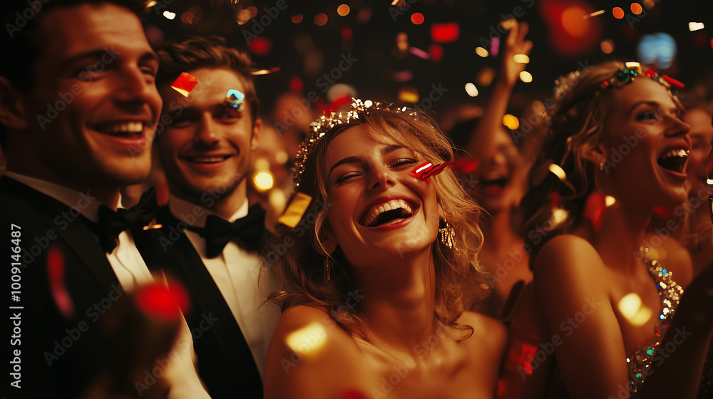 Elegant Celebration of New Year's Eve With Joyful Partygoers Dressed for a Glamorous Night Full of Laughter and Confetti Elegant Celebration of New Year's Eve With Joyful Partygoers Dressed for a Glamorous Night Full of Laughter and Confetti