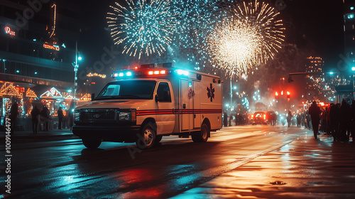 Obraz na płótnie A Bustling New Year’s Eve Celebration in the City Lit by Vibrant Fireworks and the Glow of Holiday Lights Amidst Festive Crowds w salonie