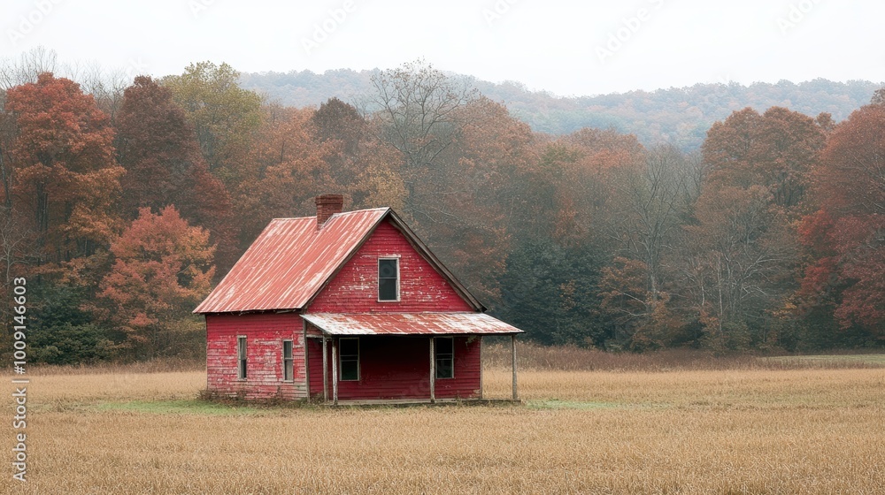 Fototapeta premium A solitary red farmhouse stands amidst a field of tall, golden grass, framed by an autumnal forest of trees displaying various shades of orange and brown