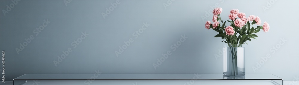 A beautiful bouquet of pink flowers in a glass vase on a minimalist shelf against a soft blue wall, creating a serene atmosphere