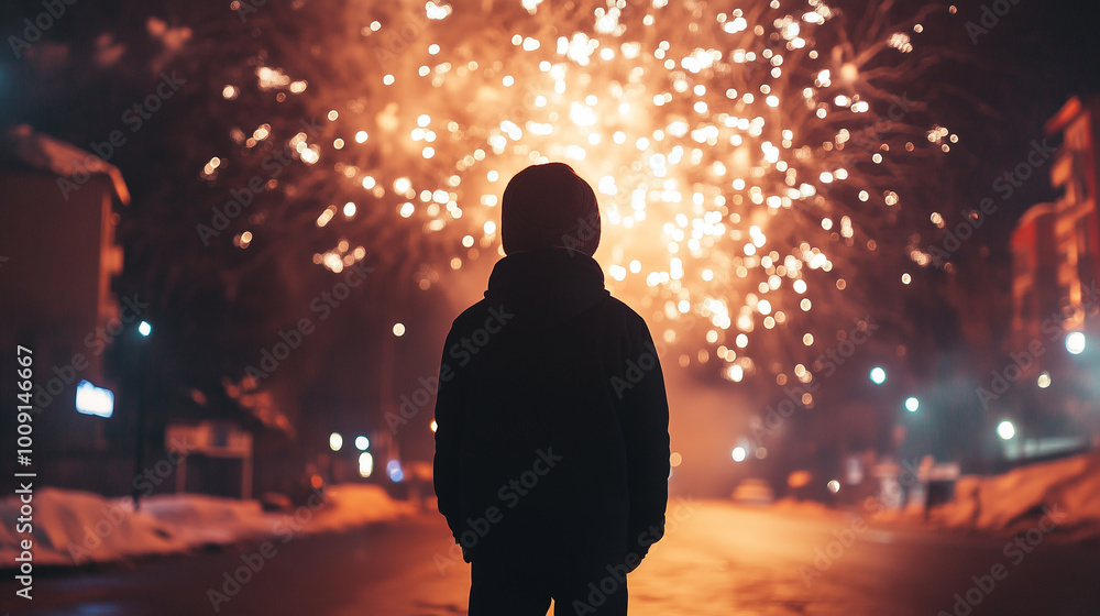 A Teenager Gazes in Awe at the Dazzling Fireworks Illuminating the New Year’s Eve Sky on a Chilly Winter Night A Teenager Gazes in Awe at the Dazzling Fireworks Illuminating the New Year’s Eve Sky on a Chilly Winter Night