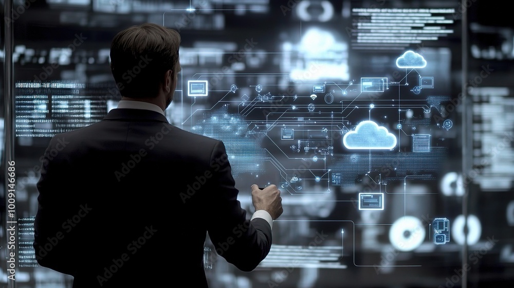 Businessman Engaging with Cloud Computing Visuals Businessman Engaging with Cloud Computing Visuals