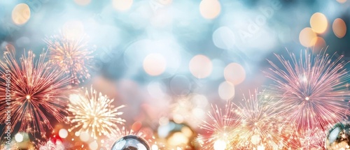 A beautiful mix of colorful fireworks and a bokeh backdrop, creating an inviting and abstract New Year celebration theme