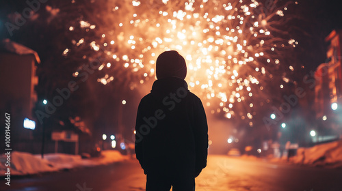 A Teenager Gazes in Awe at the Dazzling Fireworks Illuminating the New Year’s Eve Sky on a Chilly Winter Night