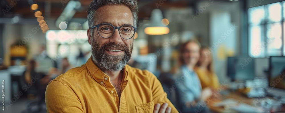 A confident middle-aged man with glasses smiling while standing with arms crossed in a brightly lit, modern office environment A confident middle-aged man with glasses smiling while standing with arms crossed in a brightly lit, modern office environment