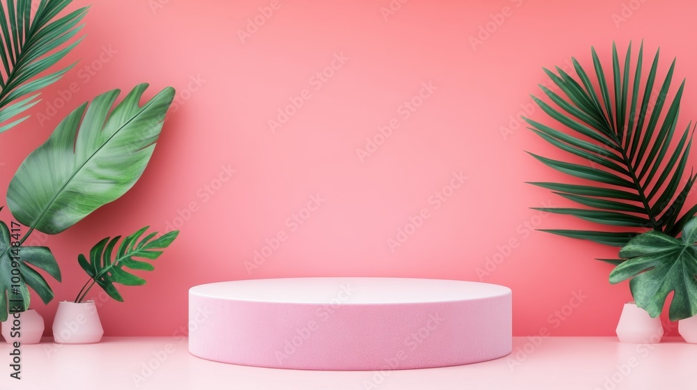 Stylish pink backdrop with a round pedestal and lush green plants, perfect for showcasing products and creative presentations Stylish pink backdrop with a round pedestal and lush green plants, perfect for showcasing products and creative presentations