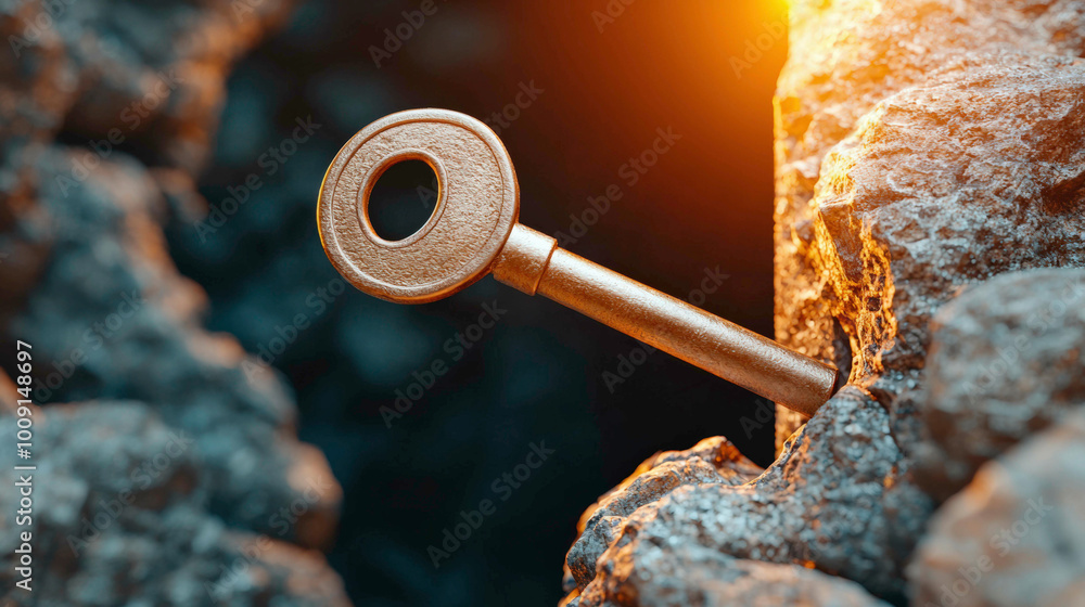 A glowing golden key inserted into a mysterious stone door deep underground, surrounded by rugged stone walls, dim lighting casting dramatic shadows, evoking an ancient secret and hidden adventure. A glowing golden key inserted into a mysterious stone door deep underground, surrounded by rugged stone walls, dim lighting casting dramatic shadows, evoking an ancient secret and hidden adventure.