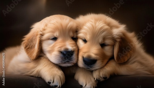 Close-Up of Two Adorable Golden Retriever Puppies Sleeping Peacefully Together with Their Noses Touching, in a Warm, Cozy Setting with Soft Golden Lighting Creating Dreamy Atmosphere of Pure Serenity