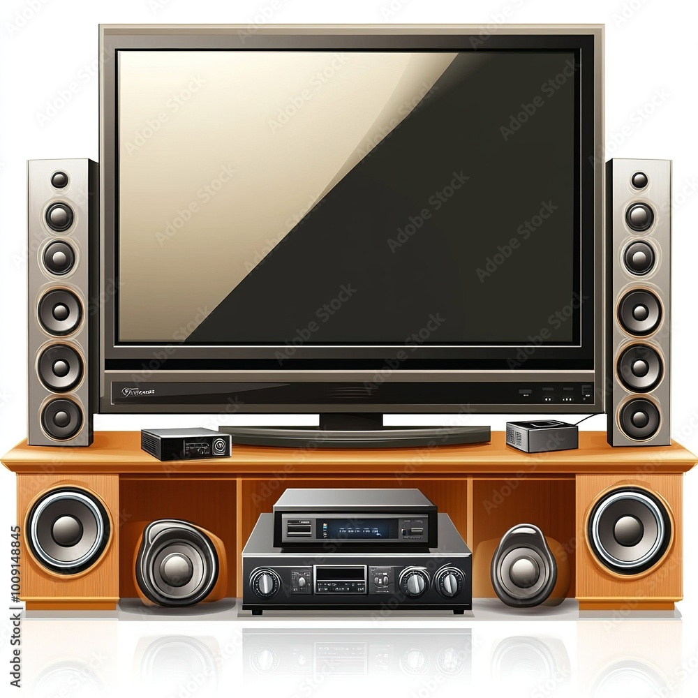 Obraz premium A modern entertainment setup featuring a television, speakers, and a sound system.