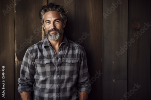 Portrait of a blissful man in his 50s wearing a comfy flannel shirt on rustic wooden wall