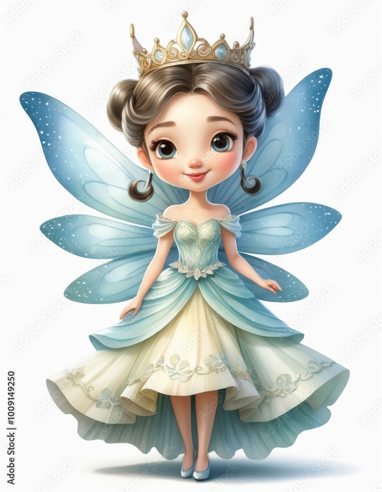 A cartoon fairy with big blue wings and a crown on her head, dressed in a delicate pastel-colored dress. On a white background. A cartoon fairy with big blue wings and a crown on her head, dressed in a delicate pastel-colored dress. On a white background.