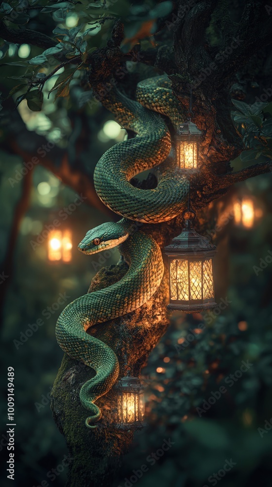 Naklejka premium Christmas Decor with a Green Snake in Pine Branches