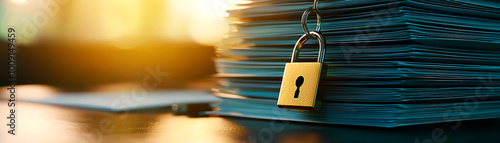 Locked padlock on a stack of documents representing data security and confidentiality in a business environment. photo