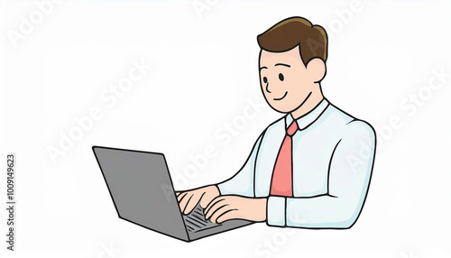 A man in a shirt and tie typing on a laptop, conveying a professional work environment.