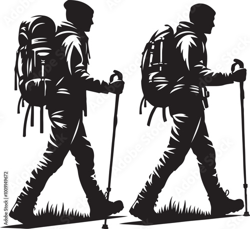 mountaineer climber hiker people, vector silhouette collection. Hiker Silhouettes. hiking man with rucksacks silhouette.