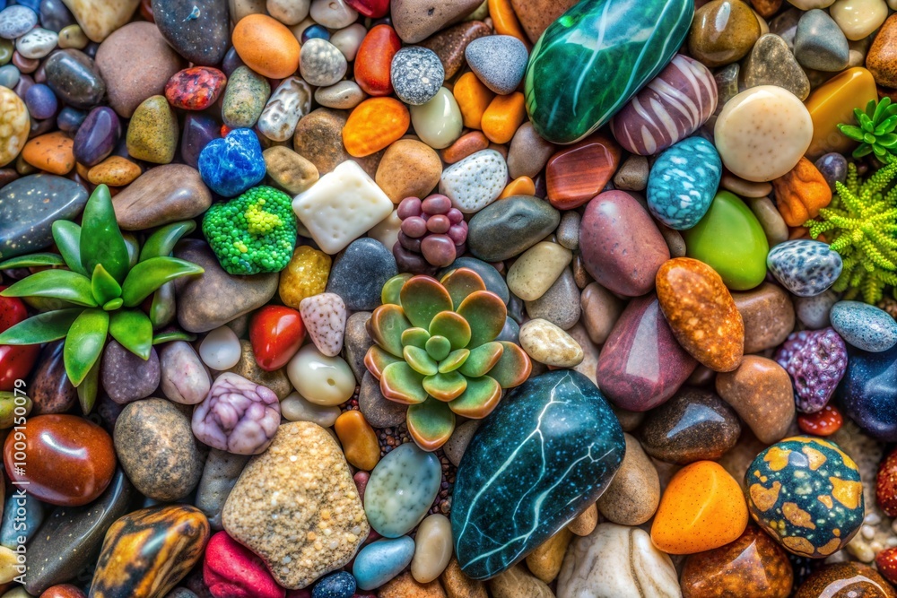 Colorful stones and succulents creating natural abstract background Colorful stones and succulents creating natural abstract background