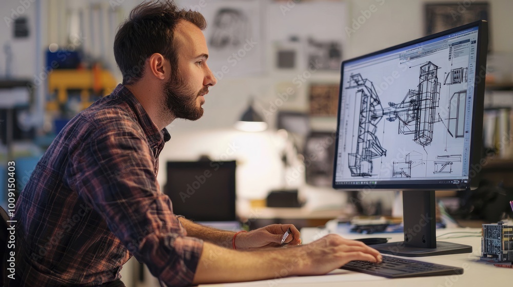 Design engineer using CAD software to create detailed technical ...