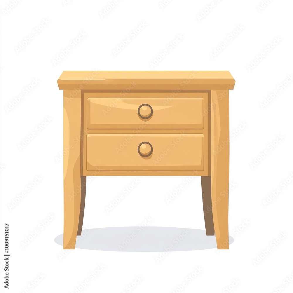A simple wooden nightstand with two drawers and round knobs. A simple wooden nightstand with two drawers and round knobs.