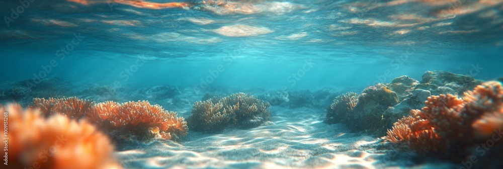 Naklejka premium Vibrant coral reef thriving beneath crystal-clear ocean surface, showcasing colorful marine life and a softly blurred seabed in the distance