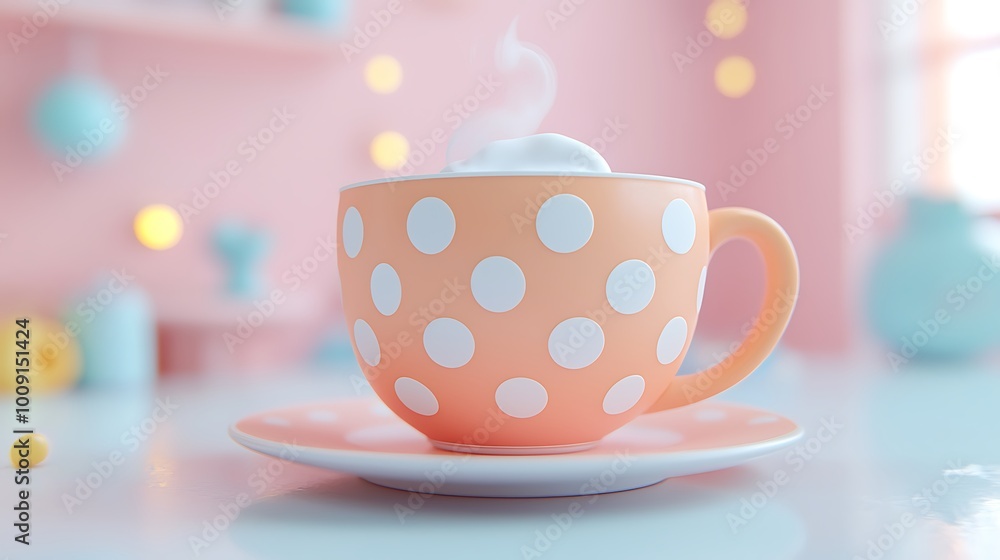 A polka dot tea cup releases steam on a pink backdrop, a cheerful scene of comfort. A polka dot tea cup releases steam on a pink backdrop, a cheerful scene of comfort.