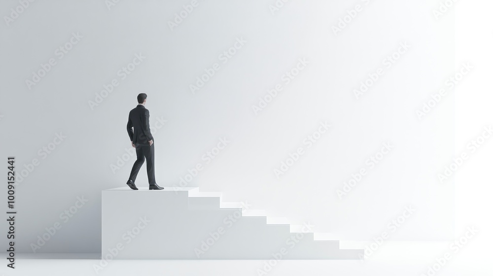 Business leader walking up steps, career strategy metaphor, 3D minimalist art, isolated on white background Business leader walking up steps, career strategy metaphor, 3D minimalist art, isolated on white background