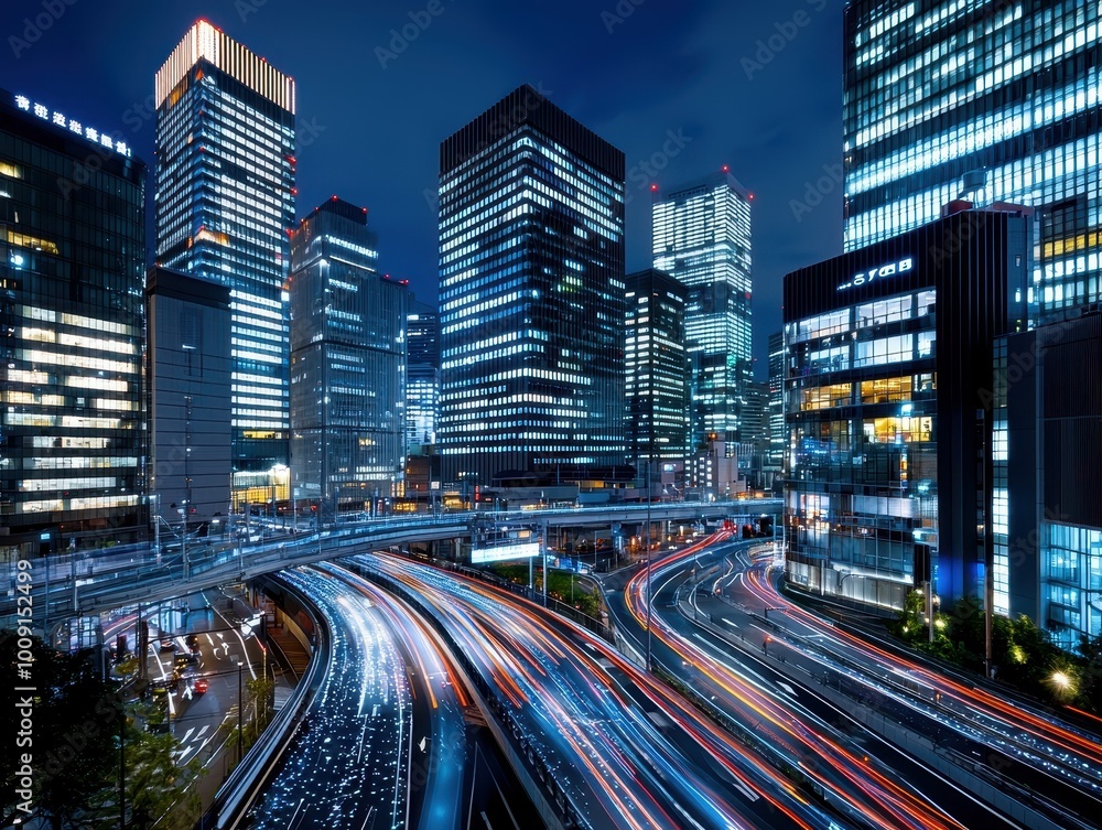 A nighttime view of a busy city with tall skyscrapers and illuminated roads. A nighttime view of a busy city with tall skyscrapers and illuminated roads.