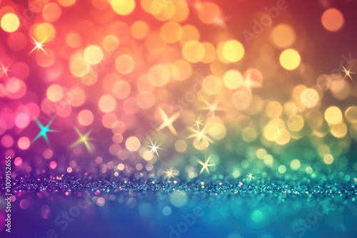 Sparkling rainbow colored festive glitter background with star shapes and bokeh lights