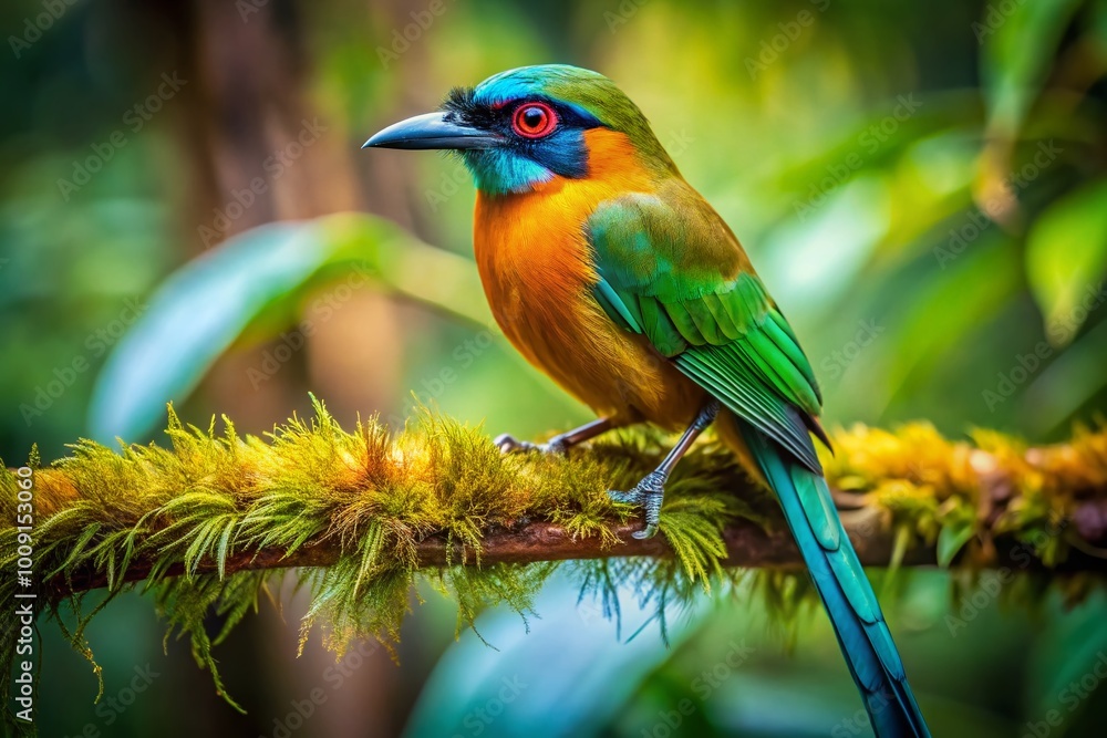 Colorful motmot perched on a branch in a lush tropical forest showcasing vibrant plumage and beauty Colorful motmot perched on a branch in a lush tropical forest showcasing vibrant plumage and beauty