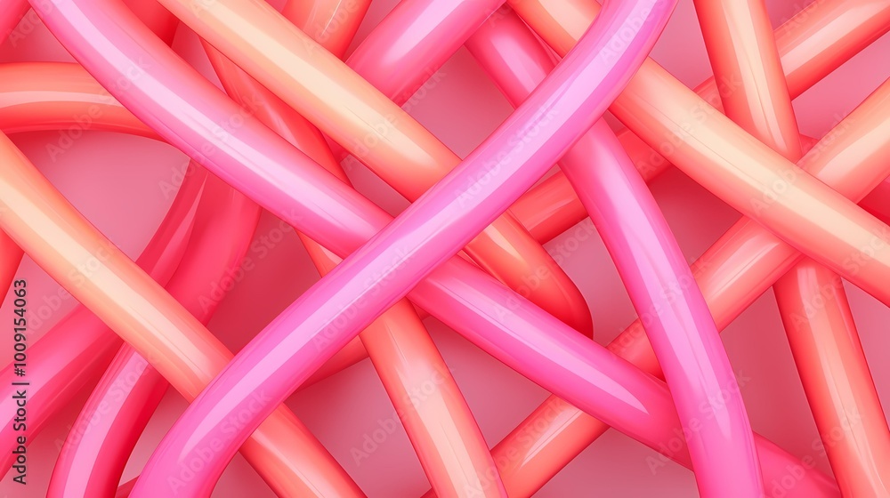 The image contains a pattern of pink and orange glossy tubes. The tubes are arranged in a seemingly random yet pleasing arrangement. The image contains a pattern of pink and orange glossy tubes. The tubes are arranged in a seemingly random yet pleasing arrangement.