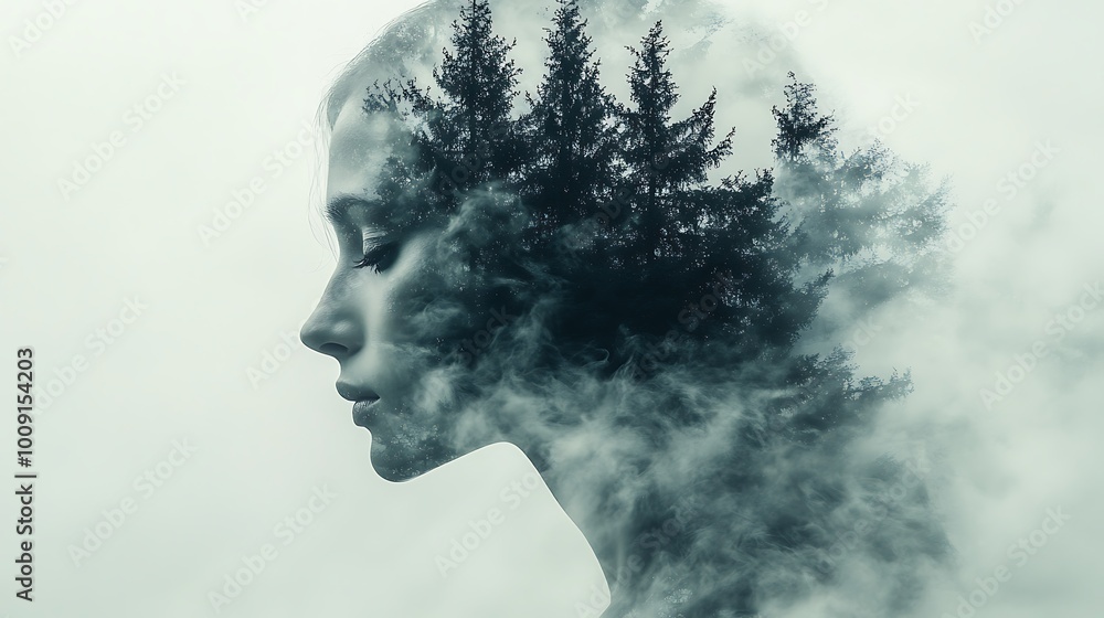 10. A human silhouette filled with transparent layers of forest merging with misty effects, capturing the quiet serenity of the woods and the delicate essence of being part of nature 10. A human silhouette filled with transparent layers of forest merging with misty effects, capturing the quiet serenity of the woods and the delicate essence of being part of nature