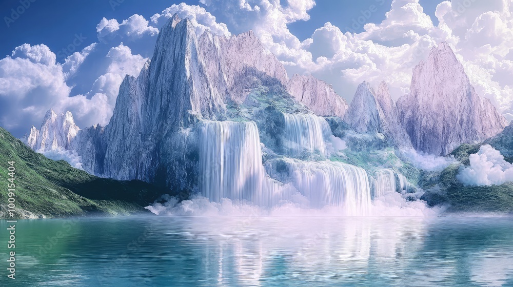 Fototapeta premium Serene marble mountains levitate above a quiet sea, with waterfalls flowing gracefully upward into the sky, creating a surreal vista.