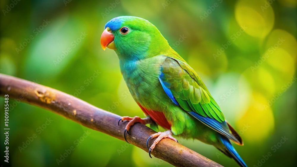 Colorful Parrotlet Bird Perched on a Branch Against a Blurred Natural Background in Soft Light Colorful Parrotlet Bird Perched on a Branch Against a Blurred Natural Background in Soft Light