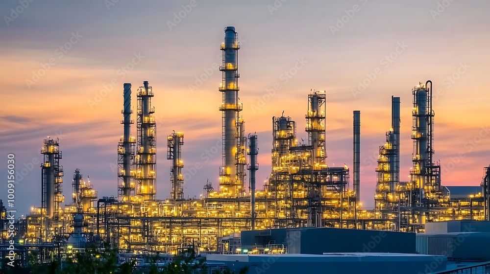 Fototapeta premium Industrial Sunset: A Refinery Silhouetted Against a Colorful Sky