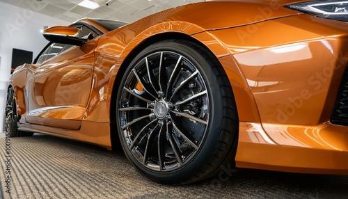 An orange sports car showcasing polished chrome and sleek tires at an auto show shows off its intricate wheel design.