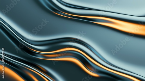 The image contains a wavy, abstract, and metallic background with light orange hues.