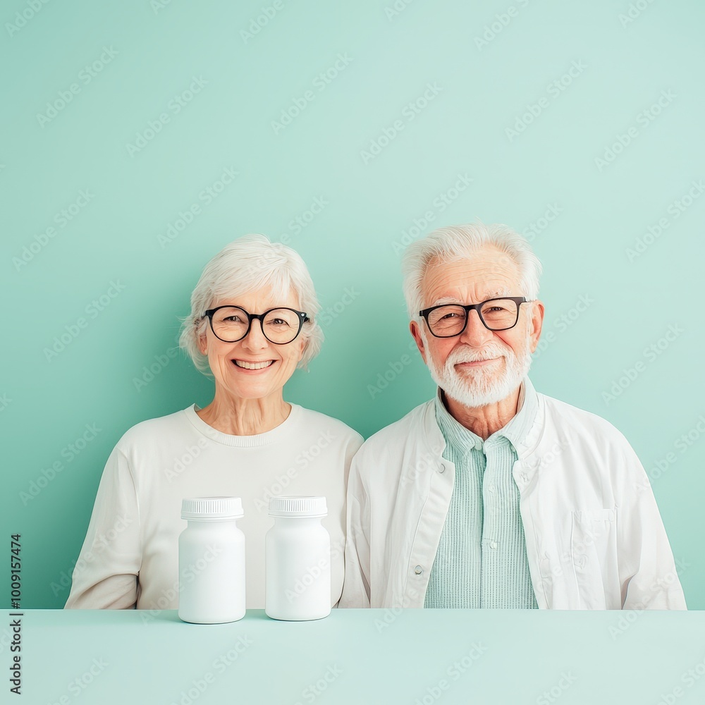 A joyful elderly couple smiles while holding vitamin bottles against a light backdrop. This image captures the essence of health, wellness, and companionship in senior living. A joyful elderly couple smiles while holding vitamin bottles against a light backdrop. This image captures the essence of health, wellness, and companionship in senior living.