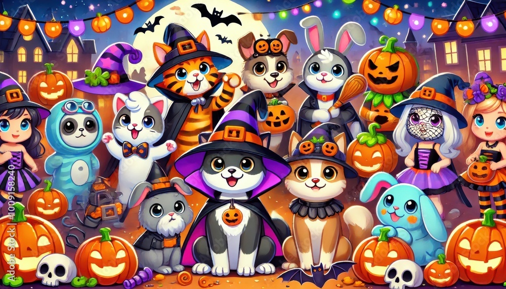 A group of cute animals dressed in Halloween costumes are going to a festive celebration.