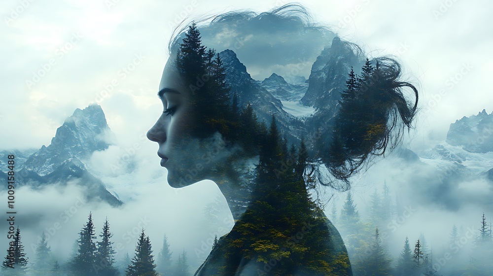 30. A horizon overlay of mountain peaks merging with a person’s silhouette, the natural elements flowing seamlessly into the human form, creating a layered image of quiet power 30. A horizon overlay of mountain peaks merging with a person’s silhouette, the natural elements flowing seamlessly into the human form, creating a layered image of quiet power