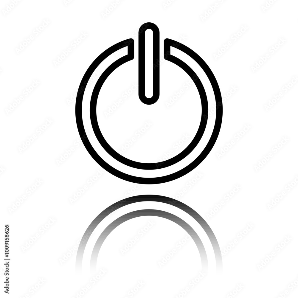 Shut down simple icon vector. Flat design. Black icon with mirror reflection. White background Shut down simple icon vector. Flat design. Black icon with mirror reflection. White background