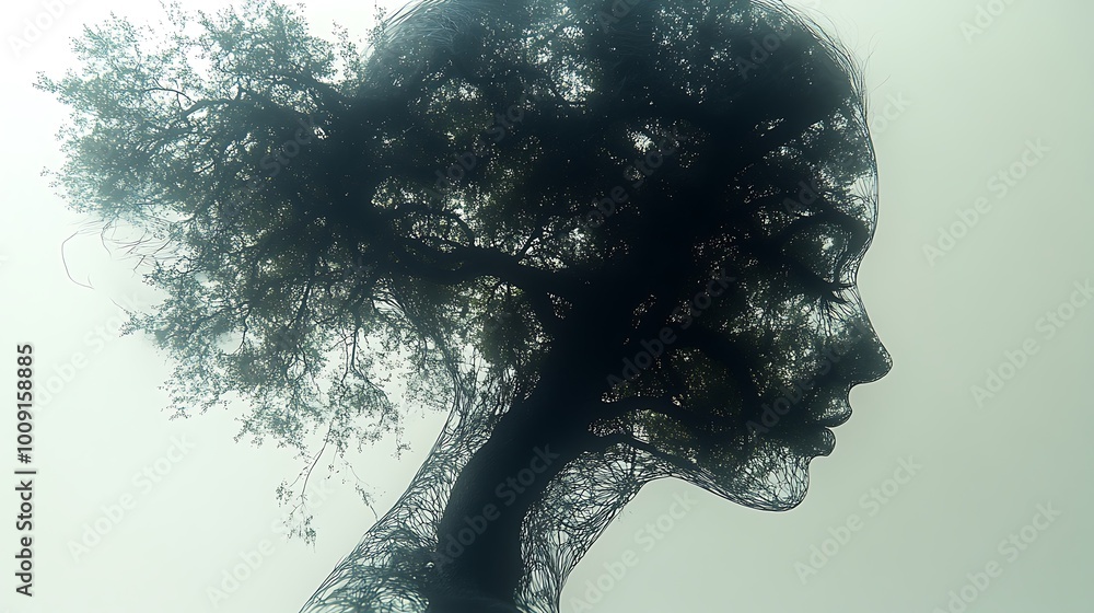 32. A tree’s branches growing within a human silhouette, with transparent layers of light and shadow creating an ethereal beauty that emphasizes the deep connection between nature and identity 32. A tree’s branches growing within a human silhouette, with transparent layers of light and shadow creating an ethereal beauty that emphasizes the deep connection between nature and identity